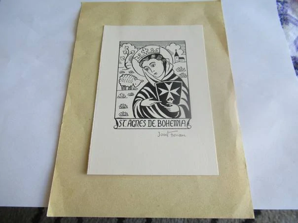Exlibris – St. Agnes de Bohemia – Josef Florian – X3 (linoryt) se signaturou, motiv Svaté Anežky České – 14,5 x 10 cm
