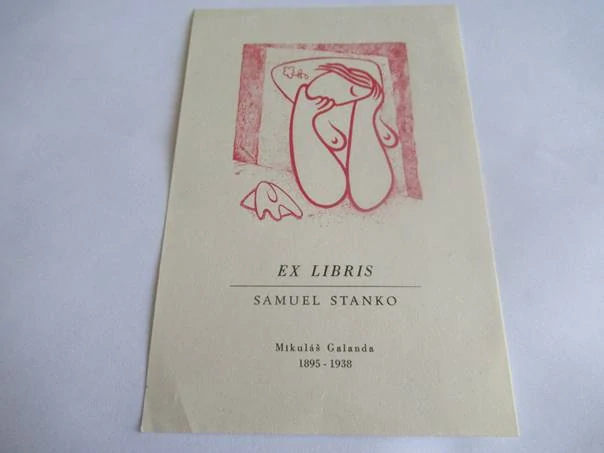 Exlibris – pro Samuela Stanka – Mikuláš Galanda – (reprint/novotisk), reliéfní tisk (zinkografie / lino), motiv ležící ženy (akt) – 14 x 9,5 cm