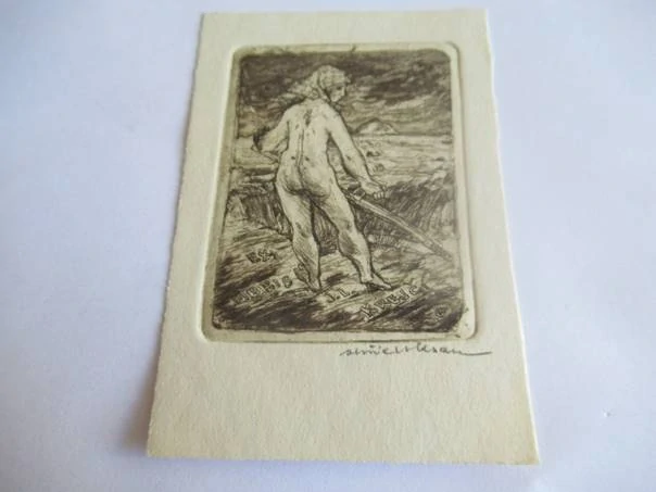 xlibris – pro J. L. Krejčího – Otakar Karel – C3 (lept) se signaturou, motiv ženského aktu na poli s kosou – 10,5 x 7 cm
