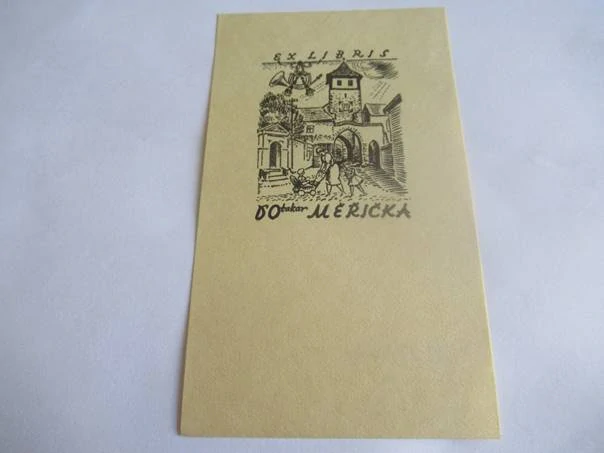 Exlibris – pro Otakara Měřičku – Alois Moravec – (1942), X5 (zinkografie / zinkový lept), městský motiv s bránou a kočárkem – 14,5 x 8,5 cm
