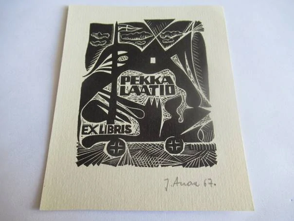 Exlibris – pro Pekka Laatika – Henno Arrak – (1967), X3 (linoryt) se signaturou, avantgardní motiv s koly a stožárem – 10,5 x 8,5 cm