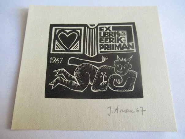 Exlibris – pro Eerika Priimana – Henno Arrak – (1967), X3 (linoryt) se signaturou, motiv ležícího čerta s květinou a srdcem – 8,5 x 7,5 cm