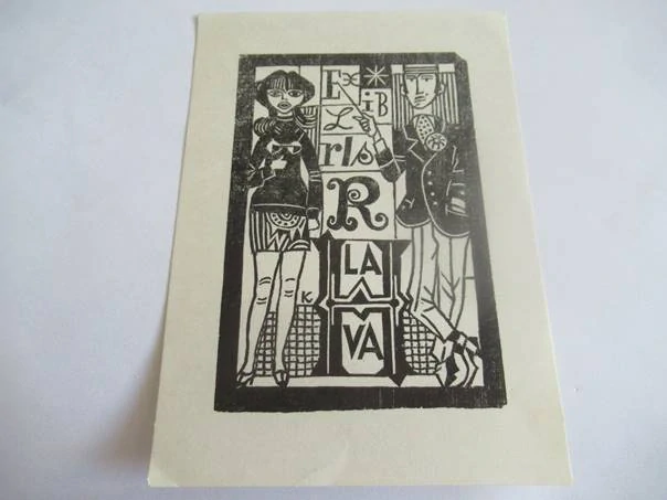 Exlibris – pro R. Lava – J. Kašpar – X3 (linoryt), motiv muže a ženy v secesně-moderním stylu – 14 x 10 cm
