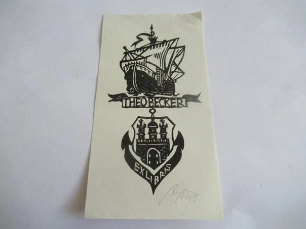 Exlibris – pro Theo Beckera – K.-H. Anger – (1978), X3 (linoryt) se signaturou, námořní motiv s hanzovní lodí a kotvou – 13 x 7 cm