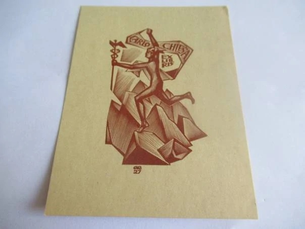 Exlibris – Carlo Chiesa – Anatolij Ivanovič Kalašnikov (1965) – Motiv: Merkur na skalách, originální dřevoryt (12 x 9 cm)