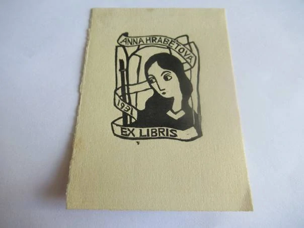 Exlibris – Anna Hrabětová – Michael Florian (1931) – Motiv: Portrét dívky (Madona), originální dřevořez (10 x 7 cm)