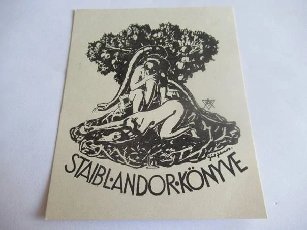 Exlibris – Staibl Andor Könyve – János Gál – Motiv: Vyhnání z ráje (Adam, Eva a had), originální zinkografie (11 x 9 cm)