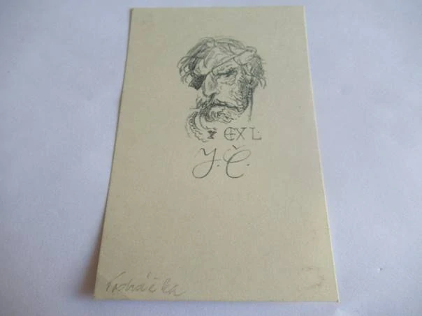 Exlibris – J. Č. – Jaroslav Vodrážka – Motiv: Portrét Jana Žižky z Trocnova, originální lito-tisk / zinkografie se signaturou (11,5 x 7,5 cm)
