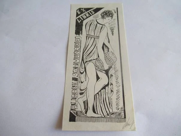 Exlibris – Aurelii Szymańskiej – Zbigniew Szymański – Motiv: Antická dívka s amforou, originální autorský zinkografický tisk se signaturou (15,5 x 7 cm)