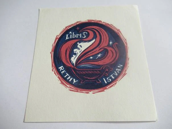 Exlibris Réthy István, L. Beletov, cca 1970 – původní barevný linoryt, 10,5x10 cm