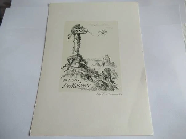 Exlibris Petr Toman – Václav Toman, 1980 – originální zinkografie / perokresba, surrealistický motiv draka, grafický list 21x15 cm, tisková plocha 11,5x8,5 cm
