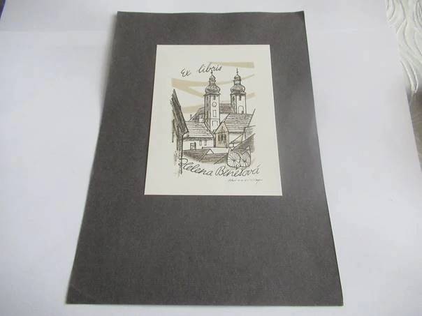 Exlibris Helena Benešová – autor neurčen (signováno na H), 1979 – originální dvoubarevná zinkografie, motiv chrámu v Telči, s autorskou signaturou, grafický list 20,5x14 cm, exlibris 11,5x8 cm
