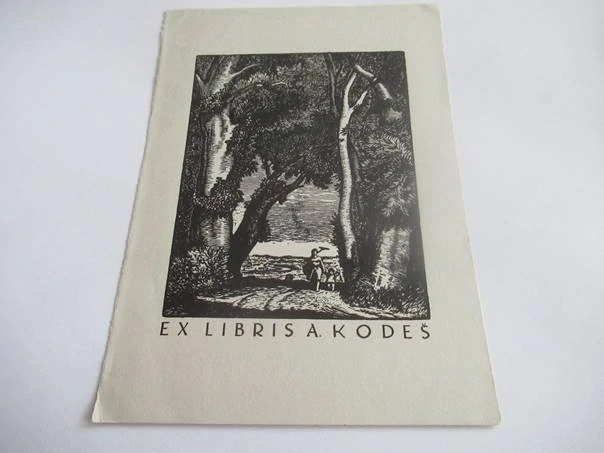 Exlibris A. Kodeš – Arno Naumann, 1932 – originální dřevoryt X2, motiv poutníků v lesní aleji, 16x11,5 cm