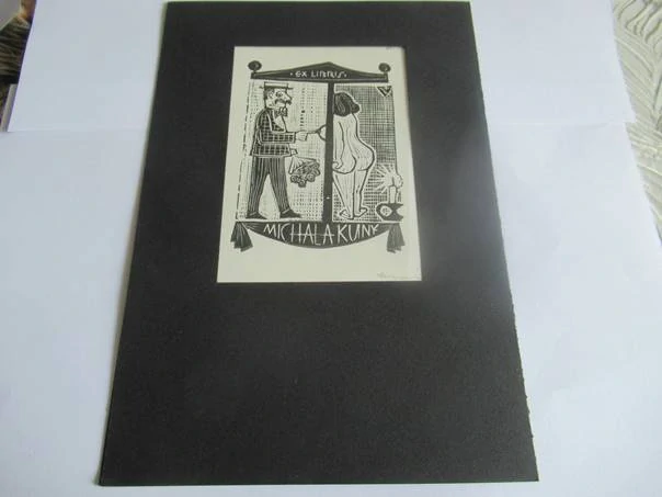 Exlibris – Michala Kuny – Jerzy Drużycki – Humorný erotický motiv – 12×8,5 cm – linoryt (X3)