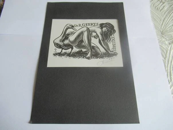 Exlibris – Dr. R. Geerts – Frank-Ivo van Damme – Léda s labutí (Ženský akt) – 10×15 cm – dřevoryt