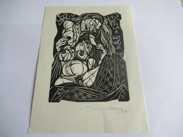 Exlibris – J. V. Botella – Rene Wolf – Expresivní erotický motiv (Luxuria) – 16×12 cm – linořez / linoryt (X3)