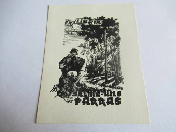 Exlibris – Salme und Parras – Enn Kera – Hráč na akordeon u lesní chalupy – 9×7 cm – dřevoryt (X2)