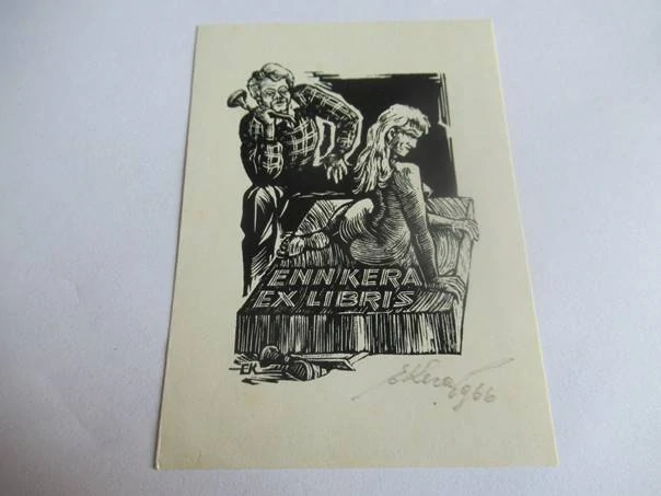 Exlibris – Enn Kera – Enn Kera – Sochař v ateliéru s ženským aktem – 9×6,5 cm – dřevoryt (X2)