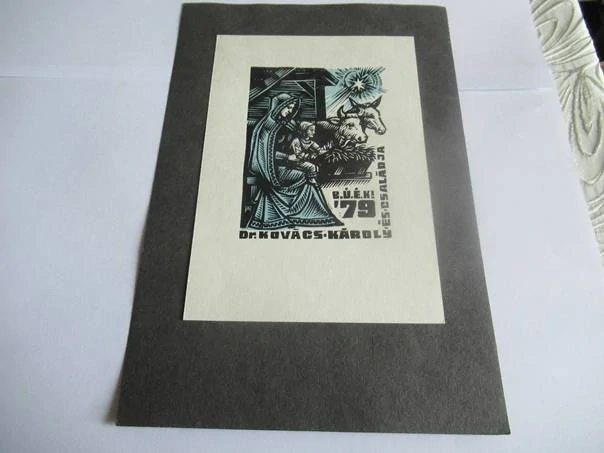 Exlibris / Novoročenka – Dr. Kovács Károly – Fery Antal – Betlém s madonou a jezulátkem – 15×10,5 cm – dvoubarevný dřevoryt (X2/2)