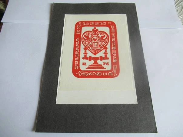 Exlibris – Julianna Demeterné Ungváry – László Paulovics – Ozdobné srdce s ptáčky – 13×9,5 cm – linoryt (X3)