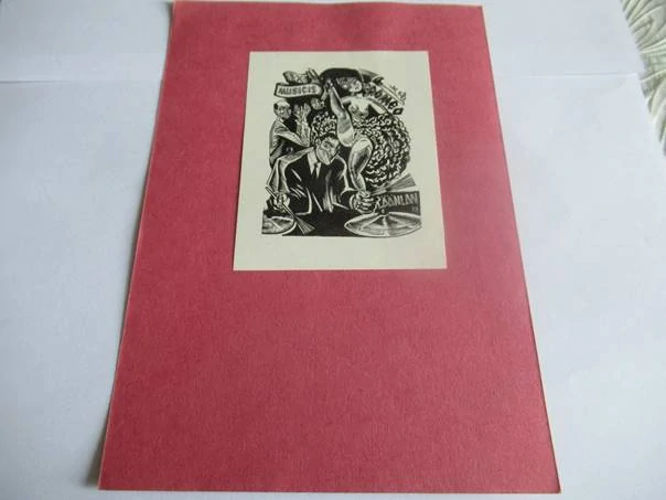 Exlibris – R. Läänlan – Richard Kaljo – Hudební a kabaretní scéna s tanečnicí – 10×8 cm – dřevoryt (X2)