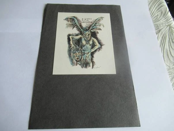 Exlibris – J. Hlaváček – Miroslav Matouš – Upír – 12×9,5 cm – tříbarevný linořez (L1/3)