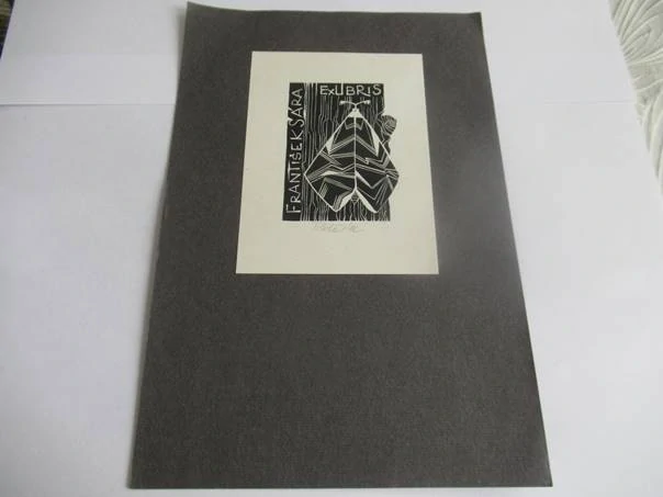 Exlibris – František Šára – Přemysl Rolčík – Noční motýl (Můra) na kůře stromu – 11×8 cm – dřevoryt (X2)