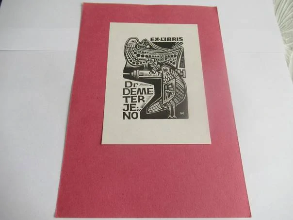 Originální exlibris Dr. Demeter Jenő – Antal Fery: Ptáci a mikroskop, dřevoryt (X2) – 12,5×9 cm (1976)