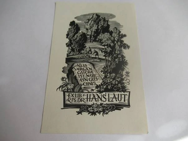 Exlibris – Dr. Hans Laut – Edward Kuczyński – motiv: Krajina s oráčem a německým citátem – 13,5×8,5 cm – dřevoryt (X2)