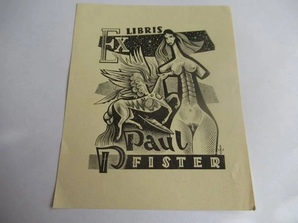 Exlibris – Paul Fister – Wojciech Barylski – motiv: Ženský akt a Pegas – 12,5×10 cm – dřevoryt (X2)