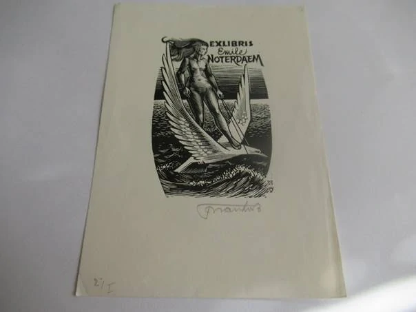 Exlibris – Emile Noterdaem – Frank-Ivo van Damme – motiv: Ženský akt na letící labuti – 15×10,5 cm – dřevoryt (X2)