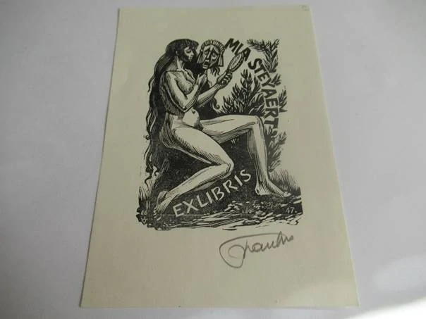 Exlibris – Mia Steyaert – Frank-Ivo van Damme – motiv: Klečící žena s maskou a zrcadlem – 15×10 cm – dřevoryt (X2)