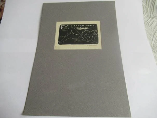 Exlibris – M. Janča – Rastislav Michal – motiv: Ležící ženský akt – 7×10 cm – dřevoryt (X2) (pasparta 22×15 cm)