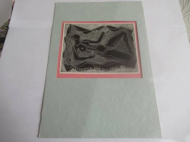 Exlibris – Thor Skullerud – Muggi Wille-Nielsen – motiv: Ex Erotica (Ležící ženský akt) – 9,2×12,1 cm – zinkografie (pasparta 22×15,5 cm)