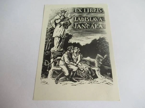 Exlibris – Ladislava Jančáka – Václav Polívka – motiv: Milenecká dvojice na lavičce pod sochou sv. Jana Nepomuckého – 12×8,5 cm – dřevoryt (X2)