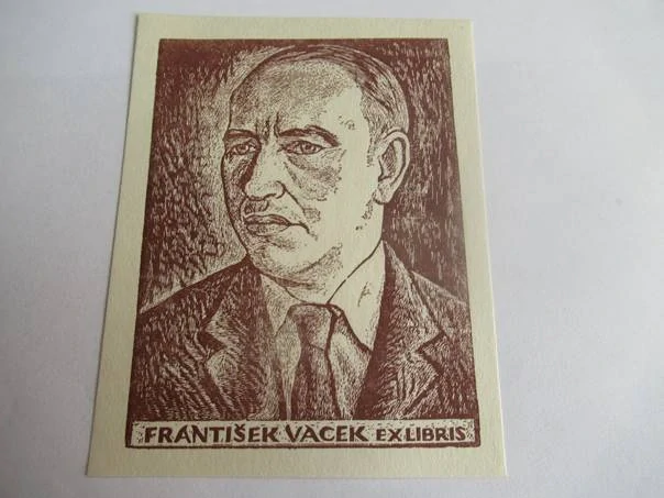 Exlibris – František Vacek – L. Wlodek – motiv: Portrét muže v saku s kravatou – 10×8 cm – zinkografie z dřevorytu
