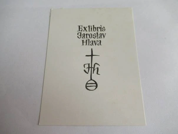 Exlibris – Jaroslav Hlava – Oldřich Menhart – motiv: Typografický kaligrafický monogram JH s křížkem – 9,5×7,5 cm – dřevoryt (X2)