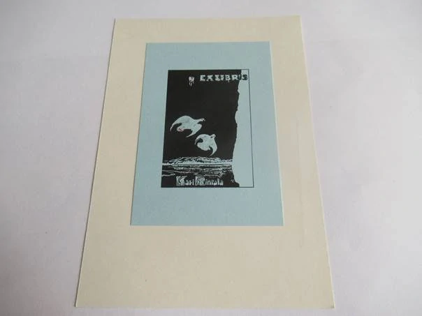 Exlibris – Kari Rinrala – Arvo Pitkänen – motiv: Krajina s letícími ptáky, Laponsko – 10×6,5 cm – dřevoryt (podkladový list 15×10,5 cm)