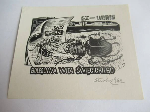 Exlibris – Bolesława Wita Święcickiego – Stanisław Rolicz – motiv: Mravenec a brouk u novin Głos Wybrzeża – 10×12 cm – dřevoryt (X2)