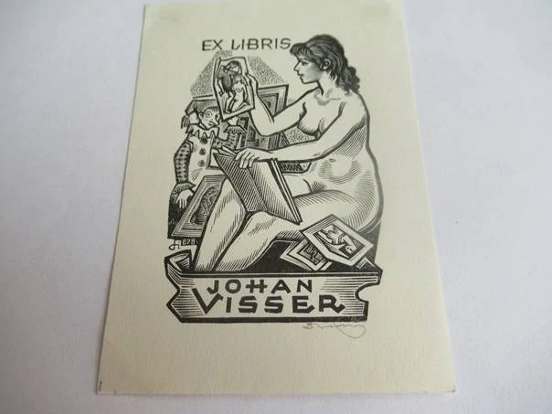 Exlibris – Johan Visser – Drahos István – motiv: Sedící ženský akt, šašek a sbírka exlibris – 9,5×7 cm – dřevoryt (X2)