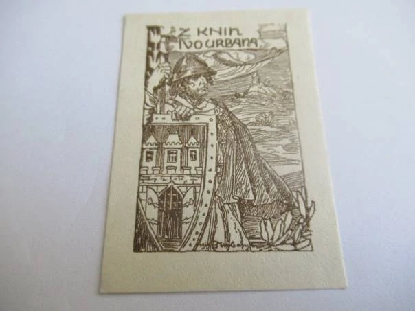 Exlibris – Ivo Urban – František Urban – Svatý Václav se štítem a korouhví – perokresba, 6×4,5 cm