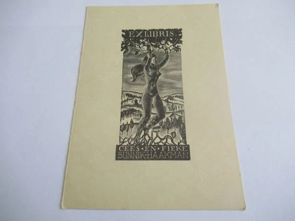 Exlibris – Cees en Fieke Bunnik-Haakman – Wim Zwiers – Akt ženy pod stromem poznání – dřevoryt (X2), 15×10,5 cm