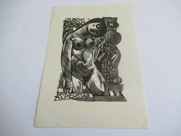 Exlibris – L. Asperslag – Jan Battermann – Kubistický akt ženy u stromu – dřevořez (X1), 14×10 cm