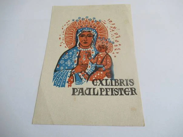 Exlibris – Paul Pfister – Edward Grabowski – Madona s dítětem (Čenstochová) – barevný dřevoryt (X2), 15×10,5 cm