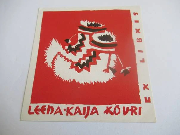 Exlibris – Leena-Kaija Kouri – Helmerutta Honkanen – Abstraktní maska / zvířecí motiv – linoryt (X3), 10×9,5 cm