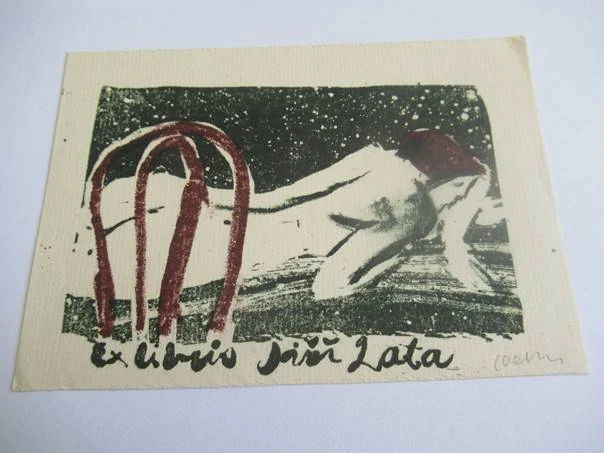 Exlibris – Jiří Lata – Hanka Krawcec – Ležící ženský akt na pozadí noční oblohy – linoryt (X3), 14×10 cm