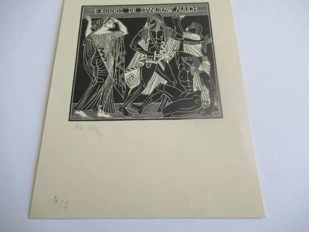 Exlibris – Dr. Stanisław Aulich – Árpád Dániel Nagy – Antický výjev s taseným mečem – 14×10,5 cm