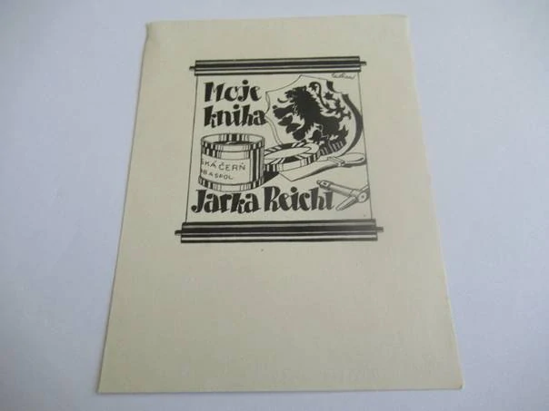 Exlibris – Jarka Reichl – Jaroslav Štička – Typografické tiskařské náčiní s českým lvem – zinkografie, 11×8,5 cm