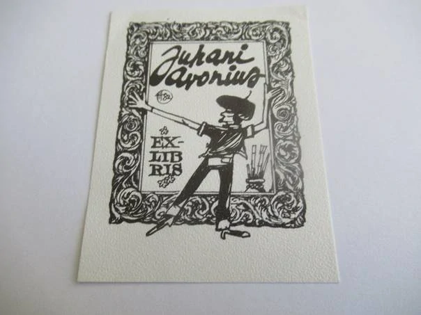 Exlibris – Juhani Avonius – Hugo Hiibus – Malíř s paletou v barokním rámu – zinkografie, 7×5,5 cm