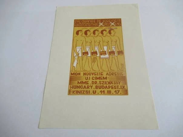 Exlibris – Mme. Dr. Szilvássy – Árpád Nagy junior – Oznámení o stěhování v egyptském stylu – dřevoryt (X2), 15×10,5 cm
